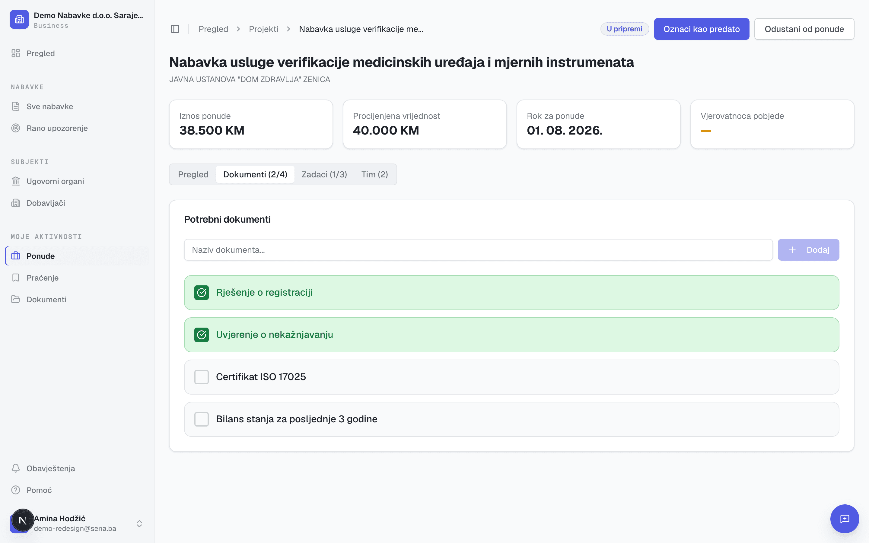 Sena — checklista dokumentacije uz ponudu: pribavljeni i nedostajući dokumenti