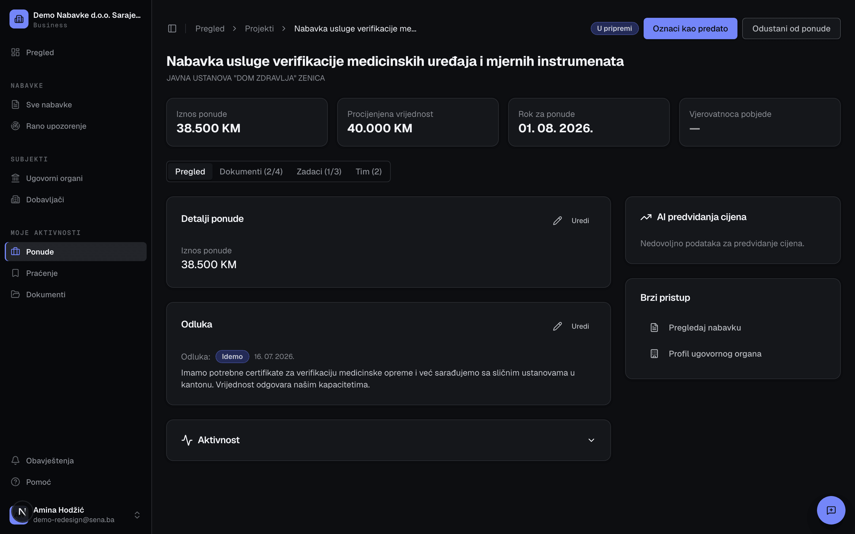 Sena — dosje ponude: odluka Idemo sa datumom i razlogom, kartice Dokumenti (2/4), Zadaci (1/3) i Tim (2)