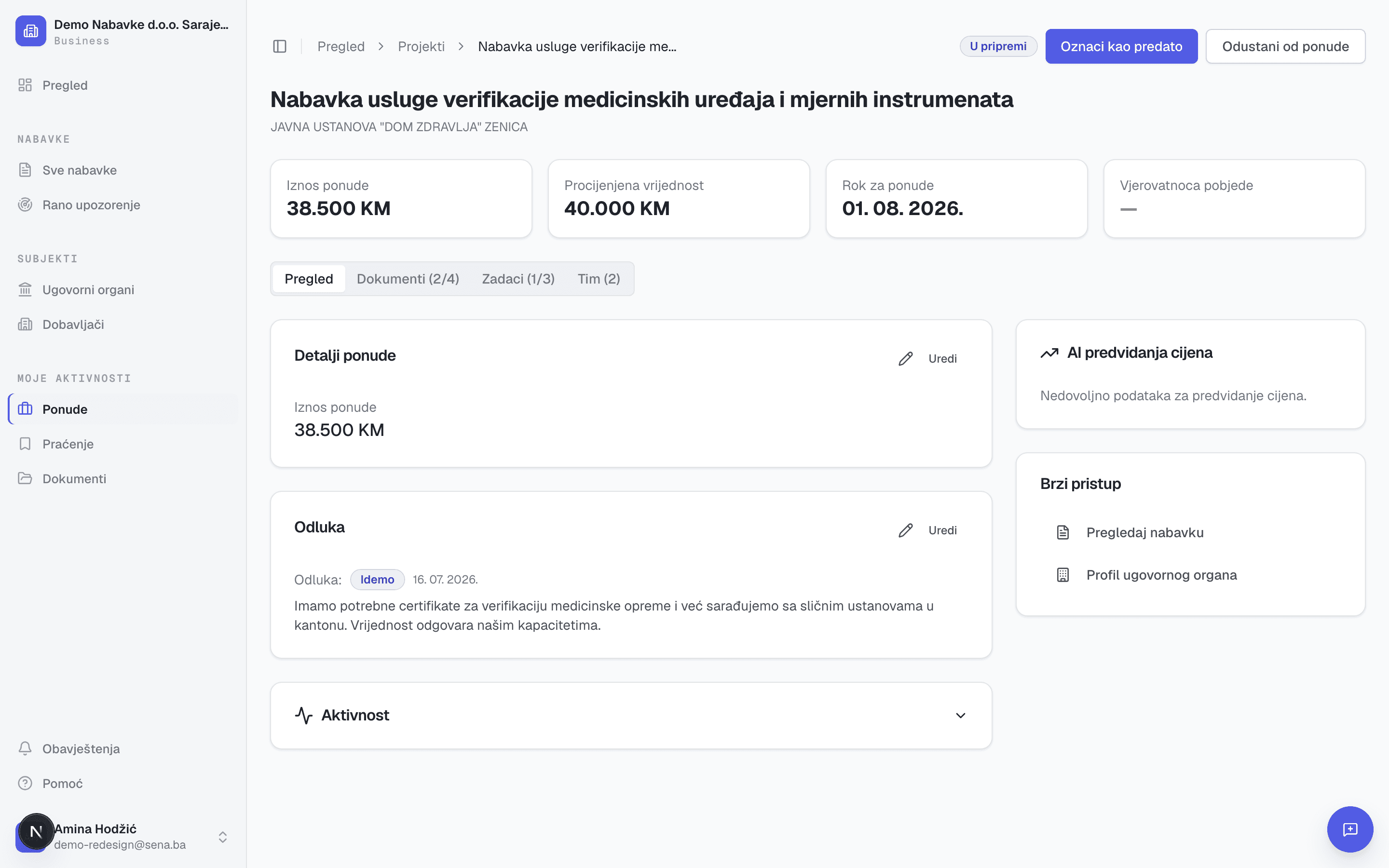 Sena — dosje ponude: odluka Idemo sa datumom i razlogom, kartice Dokumenti (2/4), Zadaci (1/3) i Tim (2)