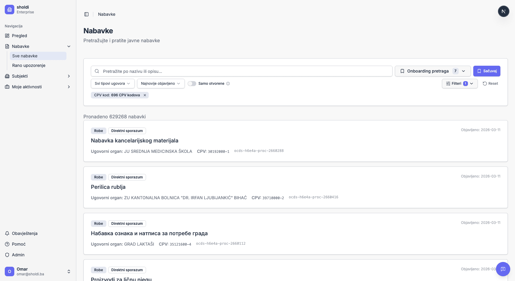 Pretraga nabavki sa filterima