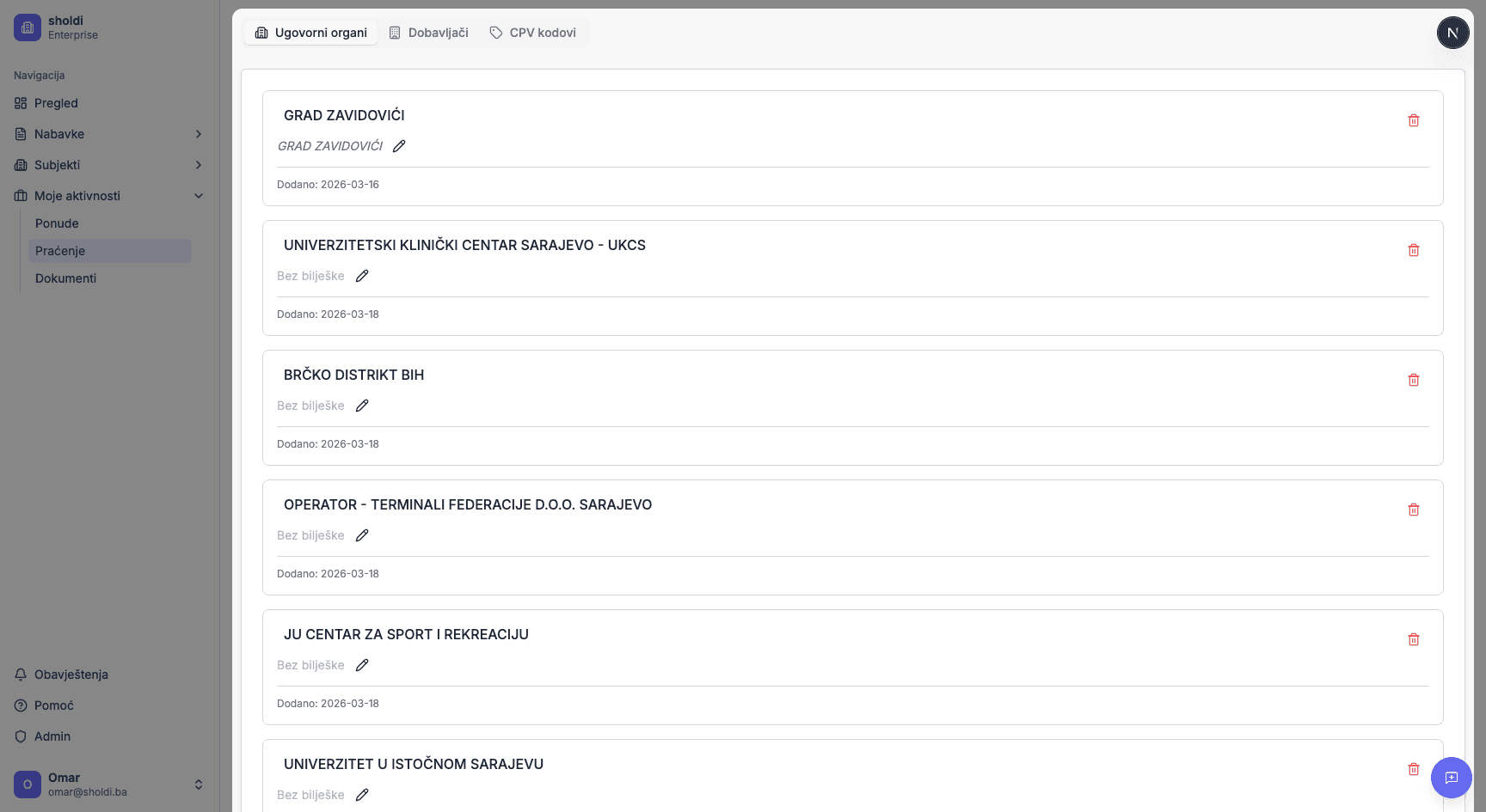 Praćenje ugovornih organa